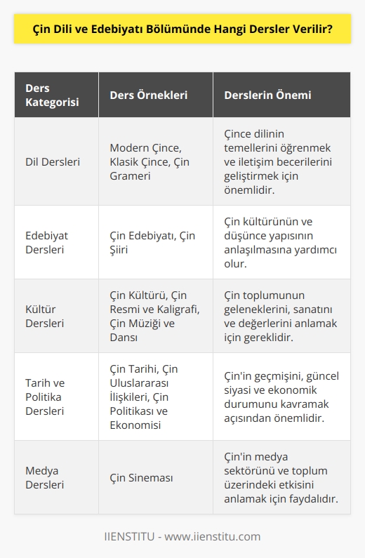 Çin Dili ve Edebiyatı Bölümünde genellikle aşağıdaki dersler verilmektedir: Modern Çince, Klasik Çince, Çin Edebiyatı, Çin Kültürü, Çin Grameri, Çin Tarihi, Çin Uluslararası İlişkileri, Çin Politikası ve Ekonomisi, Çin Resmi ve   ü, Çin Sineması, Çin Müziği ve Dansı.