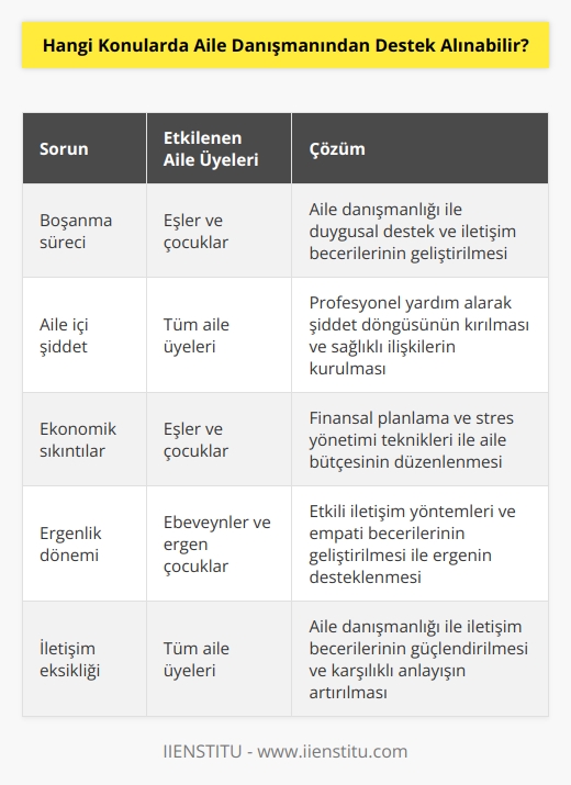 Aile içinde kimi zaman eşler arasında kimi zaman ise ebeveynler ve çocuk arasında yaşanabilecek sorunlar tüm aile üyelerini etkilemektedir. Boşanma süreci, aile içi şiddet, ekonomik sıkıntılar, ergenlik dönemi ve aile üyeleri arasında iletişim eksikliğinin yaşandığı durumlarda psikolojik destek alınması gerekmektedir. Bunların yanı sıra bireyin psikolojisini kötü etkileyerek aile üyeleriyle ilişkisinde sorunlara sebep olabilecek her türlü olay da aile danışmanlığının konusu olabilir.