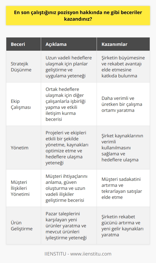 Geçmiş pozisyonum sayesinde, stratejik düşünme,   , ekip çalışması, yönetim, müşteri ilişkileri yönetimi, ürün geliştirme ve genel satış becerileri kazandım. Ayrıca, ürünleri satışa sunduğumuzda müşterilerle olan ilişkilerimizi geliştirme ve büyüme stratejilerimizi çalışmamızı sağladı.