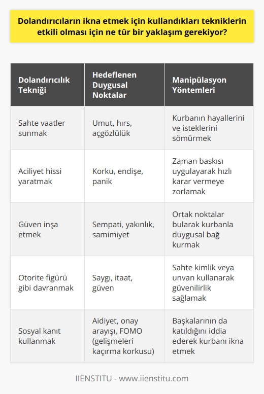 Etkili bir yaklaşım için, dolandırıcıların kurbanlarının duygusal ve mantıksal noktalarına    etmek gerekiyor. Dolandırıcılar, kurbanlarının ihtiyaçlarını, kaygılarını ve hedeflerini anlamalı ve onlara kendi çıkarlarını sunmalıdır. Ayrıca, dolandırıcılar, kurbanlarının kendi öz-saygılarını kullanmayı ve insanların duygusal olarak karar vermesine dayalı olarak ikna etmeyi denemelidir. Dolandırıcılar ayrıca, yalan söylemek ve kurbanlarının duygularını kullanarak kendi çıkarlarını ön plana çıkartmaya çalışarak ikna etmeyi denemelidir.