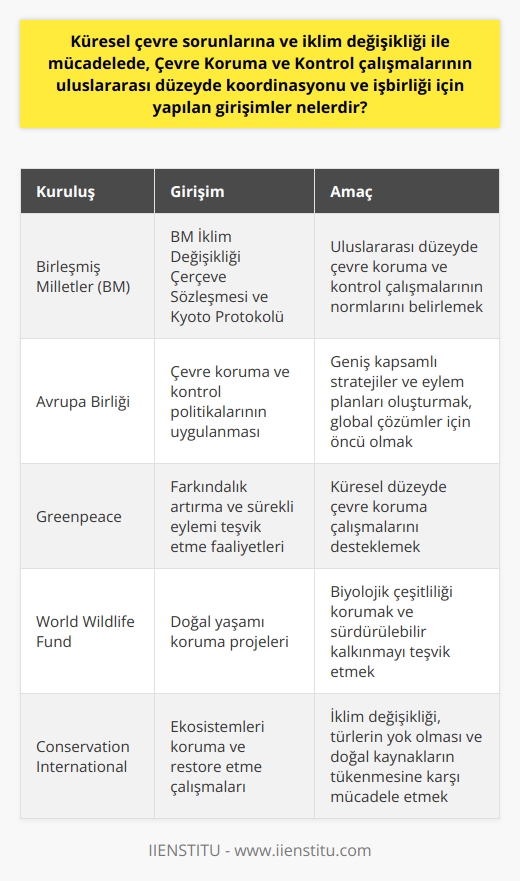 Küresel çevre sorunları ve iklim değişikliği ile mücadelede Çevre Koruma ve Kontrol çalışmalarının uluslararası düzeyde koordinasyonu ve işbirliği için önemli girişimler bulunmaktadır. Bu girişimler, çevre kirliliğinin artan boyutlarına ve insan sağlığına verdiği zararlı etkilere karşı global bir direnişi kapsar. Özellikle son yıllarda küresel iklim değişikliği, çölleşme, atık maddeler ve biyolojik çeşitliliğin azalması gibi hususlar çevre sorunlarının gündemde kalmasını sağlamıştır.  Birincil olarak, Birleşmiş Milletler (BM) çatısı altında çeşitli kurum ve organizasyonlar çevre koruma ve kontrol çalışmalarını yürütmektedir. BM İklim Değişikliği Çerçeve Sözleşmesi ve Kyoto Protokolü gibi süreçler, uluslararası düzeyde çevre koruma ve kontrol çalışmalarının normlarını belirlemektedir. BMnin bu alandaki rolü, küresel çevre sorunlarına dikkati çekmek, politika önerileri geliştirmek ve üye devletlerin politika uygulamalarını denetlemek olarak özetlenebilir.   Uluslararası düzeyde, Avrupa Birliği gibi sürekli genişleyen birlikler de çevre koruma ve kontrol politikalarının uygulanmasına önem vermektedir. Avrupa Komisyonu, çevre koruma ve kontrol konularında geniş kapsamlı stratejiler ve eylem planları oluşturmuş ve bu yapısı ile global çözümler için bir öncü olmuştur.   Tüm bu çabaların yanı sıra, sivil toplum kuruluşları, çevre koruma ve kontrol konusunda önemli bir rol oynamaktadır. Greenpeace, World Wildlife Fund ve Conservation International gibi büyük çevre organizasyonları, hem farkındalığı artırmak hem de sürekli eylemi teşvik etmek adına küresel düzeyde faaliyet göstermektedirler.   Sonuç olarak, küresel çevre sorunlarına ve iklim değişikliği ile mücadelede, Çevre Koruma ve Kontrol çalışmaları çatısında uluslararası düzeyde yapılan girişimler sürekli artmaktadır. Bu çözümler, bireyi, yerel toplulukları ve devletleri çevreyi koruma konusunda bilinçlendirmek ve eyleme geçmeye teşvik etmek için hayati öneme sahiptir.