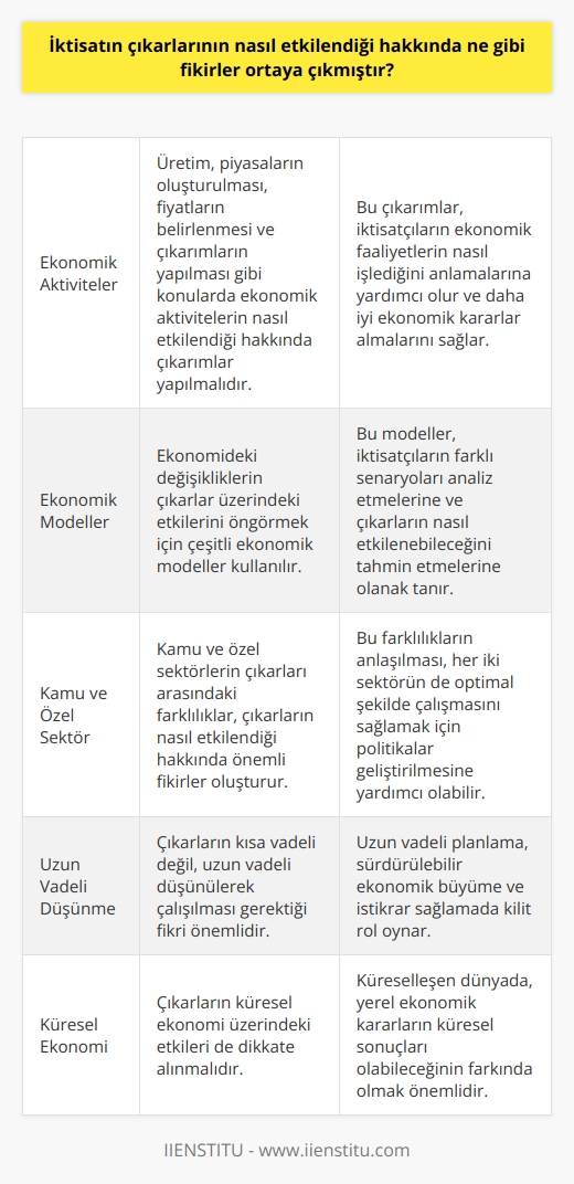 İktisatçılar, çıkarların nasıl etkilendiği konusunda çeşitli fikirler ortaya koymuştur. Bunlardan bazıları, ekonomik aktivitelerin üretim, piyasaların oluşturulması, fiyatların belirlenmesi ve çıkarımların yapılması gibi konularda çıkarımlar yapılmasının gerekliliğidir. Örneğin, ekonomideki değişiklikler, çıkarların nasıl etkilendiği hakkında öngörüler yapmak için çeşitli modeller kullanılır. Ayrıca, kamu ve özel sektörlerin çıkarımları arasındaki farklar da çıkarların nasıl etkilendiği hakkında fikirler oluşturur. Diğer bir fikir de, çıkarların kısa vadeli değil, uzun vadeli düşünülerek çalışılması gerektiğidir. Son olarak, çıkarların küresel ekonomi üzerindeki etkileri de dikkate alınmalıdır.