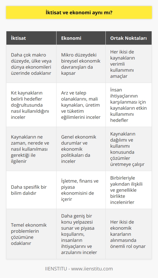 İktisat ve    genel olarak pek çok birey tarafından bir ve aynı olarak algılansa da, bu kavramlar arasında önemli farklar mevcuttur. İktisat, genellikle daha makro düzeyde, ülke veya dünya ekonomileri üzerinde odaklanırken; ekonomi ise aynı zamanda mikro düzeydeki bireysel ekonomik davranışları da kapsar. İktisat, geniş anlamıyla, kıt kaynakların belirli hedefler doğrultusunda nasıl kullanıldığını inceleyen bir bilim dalıdır. İhtiyaçları karşılamak için hangi kaynakların and hangi koşullarda kullanılması gerektiğinin belirlenmesi iktisadın çözümlemeye çalıştığı bir problem olarak kabul edilir.   Ekonomi ise daha geniş bir kavram olup, arz ve talep olanakları, mali kaynaklar, üretim ve tüketim eğilimleri, genel ekonomik durumlar ve ekonomik politikalar gibi konularını inceler. Ekonomi, sadece iktisat değil, aynı zamanda işletme, finans ve piyasa ekonomisini de içerir.   Sonuç olarak, iktisat ve ekonomi mümkün olan en verimli şekilde kaynakları kullanmaya çalışmaktadır. İktisat, kaynakların ne zaman, nerede ve nasıl kullanılması gerektiği ile daha çok ilgilenirken; ekonomi, piyasa koşulları, insanların ihtiyaçları ve arzuları, ve hangi politikalara dayandığını inceleyen daha geniş bir konu yelpazesi sunmaktadır. Her birinin kendine has önemli özellikleri ve kullanımları vardır ve genellikle birbiriyle ilişkili olarak incelenirler.