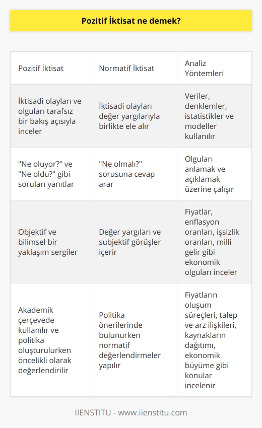 Pozitif İktisat, iktisadi olayları ve olguları tarafsız bir bakış açısıyla inceleyen bir bilim dalıdır. Pozitif İktisat, ne oluyor? ve ne oldu? gibi soruları yanıtlar. Yalnızca olguları anlamak ve açıklamak üzerine çalışır. Normatif iktisatla karşılaştırıldığında, pozitif iktisat değer yargılarından soyutlanmıştır. Daha objektif ve bilimsel bir yaklaşımla, iktisadi süreçleri ve politikaları değerlendirir.  Pozitif İktisatın yapısında, önceliği olgulara dayalı tespitlere ve analitik değerlendirmelere vermek bulunur. Fiyatlar, enflasyon oranları, işsizlik oranları, milli gelir gibi ekonomik olgular, bu iktisat türü tarafından incelenir. Özellikle, fiyatların oluşum süreçleri, talep ve arz ilişkileri, kaynakların dağıtımı, ekonomik büyüme gibi konular Pozitif İktisatın inceleme sahasına girmektedir.  Pozitif İktisat, özünde bilimsel gerçeklere, olgulara dayalı analizleri ve çıktılari esas alır. Bu yüzden, çok genellikle iktisadi veriler, denklemler, istatistikler ve modellerle çalışır. Amaçları ve yöntemleri bakımından Pozitif İktisat, bazen gerçek iktisat olarak da nitelendirilir. Bu nedenle, bu iktisat dalı daha ziyade akademik çerçevede kullanılır ve politika oluşturulurken bu iktisat dalının sonuçları öncelikli olarak değerlendirilir.