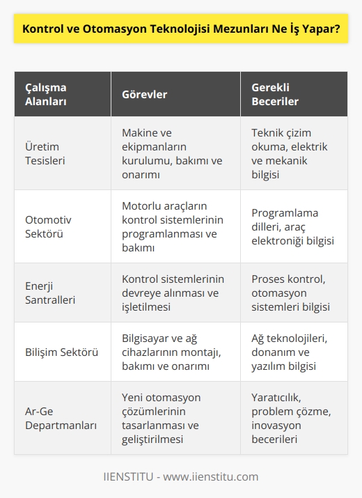 Kontrol ve otomasyon teknolojisi mezunları, birçok sektörde kullanılan makine, motorlu araç ve ekipmanların sorunsuz bir şekilde çalışmasını sağlayan ve bakım ile onarımlarıyla ilgilenen uzman kişilerdir. Üretim ve bilişim cihazlarının, montaj, devreye alma, işletme, bakım, onarım ve programlama gibi görevleri üstlenirler. Çeşitli kontrol sistemlerini devreye sokar ve işletirler.