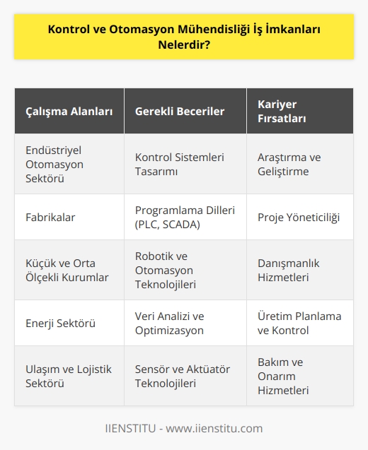 Kontrol ve otomasyon mühendisliği, kontrol sistemleri tasarımı yapan ve üreten endüstriyel otomasyon sektöründe görev alır. Fabrikalarda bakım ve onarım hizmetleri içinde çalışabilirler. Kontrol ve otomasyon mühendisleri, kontrol sistemlerini tasarlayan ve üreten, küçük ve orta ölçekli kurumlarda araştırma, tasarım ve    görevine getirilir.