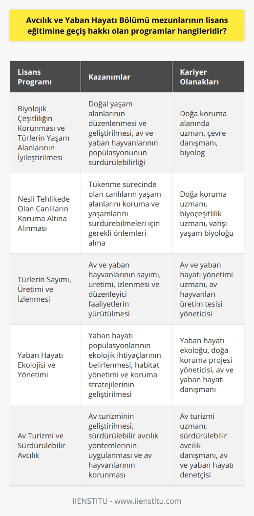 Avcılık ve Yaban Hayatı Bölümü Mezunlarının Lisans Eğitimine Geçiş Hakkı  Avcılık ve Yaban Hayatı bölümünden mezun olan öğrencilerin lisans eğitimine geçiş hakkı elde edebileceği programlar çeşitlilik göstermektedir. Bu programlar, mezunların ihtiyaçlarını ve beklentilerini karşılayarak, avcılık ve yaban hayatı alanında yetkin profesyoneller olarak istihdam edilmelerine yardımcı olmaktadır. Avcılık ve yaban hayatı teknikerleri yetiştiren iki yıllık örgün eğitim veren programlar, sektörel ve akademik alanda öğrencilere önemli kazanımlar sağlamaktadır.  Biyolojik Çeşitliliğin Korunması ve Türlerin Yaşam Alanlarının İyileştirilmesi  Avcılık ve yaban hayatı bölümünden mezun olan öğrencilerin lisans eğitimine geçiş hakkı olan programlar arasında, biyolojik çeşitliliğin korunması ve türlerin yaşam alanlarının iyileştirilmesi çalışmalarını içeren alanlar bulunmaktadır. Bu programlarda, öğrenciler doğal yaşam alanlarının düzenlenmesi ve geliştirilmesi üzerine çalışmalar yürütmekte, av ve yaban hayvanlarının populasyonunun sürdürülebilirliği için önemli adımlar atmaktadırlar.  Nesli Tehlikede Olan Canlıların Koruma Altına Alınması  Avcılık ve yaban hayatı bölümünden mezun olan öğrencilerin lisans eğitimine geçiş hakkı olan programlar arasında, nesli tehlikede olan canlıların koruma altına alınmasına yönelik çalışmaların yapıldığı alanlar da yer almaktadır. Bu programlarda öğrenciler, tükenme sürecinde olan canlıların yaşam alanlarını koruma ve yaşamlarını sürdürebilmeleri için gerekli önlemleri almayı öğrenerek, çok yönlü ve dokunulmaz profesyonel yetenekler geliştiren bireyler olmaktadırlar.  Türlerin Sayımı, Üretimi ve İzlenmesi  Avcılık ve yaban hayatı bölümünden mezun olan öğrencilerin lisans eğitimine geçiş hakkı olan programlar arasında, Türkiye ve dünya genelinde av ve yaban hayvanlarının sayımı, üretimi, izlenmesi ve düzenleyici faaliyetlerin yürütüldüğü alanlar bulunmaktadır. Bu programlarla mezunlar, av hayvanlarının biyolojik ve çevresel süreçlerine aşina olarak bu alanlardaki bilimsel ve teknik çalışmalara katkıda bulunabilmektedir.  Sonuç olarak, Avcılık ve Yaban Hayatı bölümünden mezun olan öğrencilerin lisans eğitimine geçiş hakkı olan programlar, geniş bir yelpazede bilgi ve beceri kazandırmakta, mezunların hem sektörel alanda hem de akademik alanda başarılı olmalarına zemin hazırlamaktadır. Bu programlar sayesinde mezunlar, avcılığın ve yaban hayatının koruma, geliştirilmesi ve düzenlenmesine katkıda bulunan profesyoneller olarak çalışabileceklerdir.