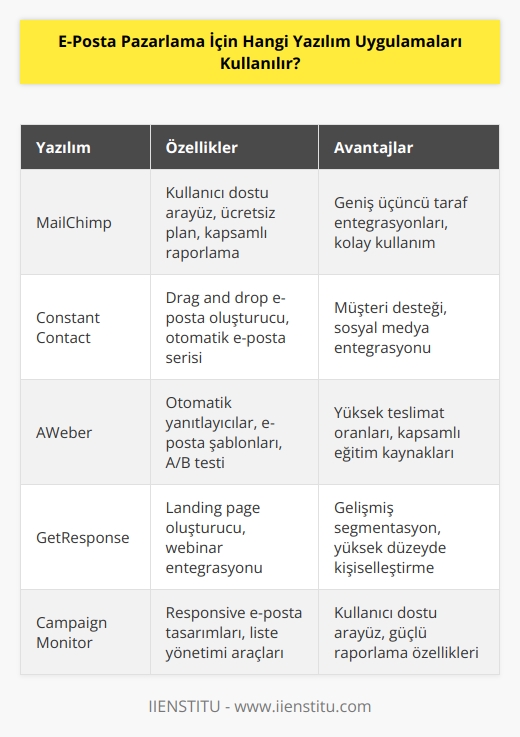 Popüler e-posta pazarlama yazılım uygulamaları arasında MailChimp, Constant Contact, AWeber, GetResponse, Campaign Monitor, Mad Mimi, dotmailer ve VerticalResponse bulunmaktadır.
