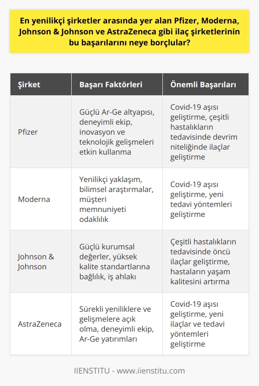 İlaç şirketlerinin başarılı olmasının altında yatan faktörler arasında, inovasyon ve teknolojik gelişmeleri başarılı bir şekilde kullanabilmeleri bulunmaktadır. Bu alanda Pfizer, Moderna, Johnson & Johnson ve AstraZeneca gibi şirketler başarılı letmelerdendi. Özellikle Covid-19 pandemisi sırasında bu firmalar geliştirdikleri aşılarla tüm dünyada büyük bir başarı yakaladılar.   Bunun yanı sıra, bu şirketlerin başarılarının altında güçlü bir Ar-Ge altyapısı ve deneyimli bir ekip yatmaktadır. Pfizer, Moderna, Johnson & Johnson ve AstraZeneca şirketleri, bilimsel araştırmalar ve klinik deneyler vasıtasıyla, hastalıkların tedavisine, yeni tedavi yöntemlerine ve hastaların yaşam kalitesinin artırılmasına yönelik ilerlemeler sağlamışlardır.   Bu ilaç devleri, çeşitli hastalıkların tedavisinde devrim niteliği taşıyan ilaçları geliştirerek, sağlık sektöründe yenilikçilik konusunda öncü olmuşlardır. Yeni ilaçlar ve tedavi yöntemleri geliştirebilmek için sürekli yeniliklere ve gelişmelere açık olan bu şirketler, bu sayede sürekli olarak bir adım önde olmuşlardır.  Ayrıca, bu şirketlerin başarısında, tıbbi ilerlemeler ve ilaç geliştirmenin yanı sıra, ise    anlayışı, iş ahlakı, müşteri memnuniyeti odaklılık ve yüksek kalite standartlarına bağlılık gibi kurumsal değerlerin de önemli bir rol oynadığı görülmektedir.  Sonuç olarak, Pfizer, Moderna, Johnson & Johnson ve AstraZeneca gibi ilaç devlerinin başarıları, inovasyon ve teknolojiyi etkili bir şekilde kullanmaları, güçlü bir Ar-Ge altyapısına sahip olmaları, deneyimli bir ekip ile çalışmaları ve yüksek kalite standartlarına bağlı kalarak, müşteri memnuniyeti odaklı bir anlayış sergilemeleri sayesinde gerçekleşmiştir.