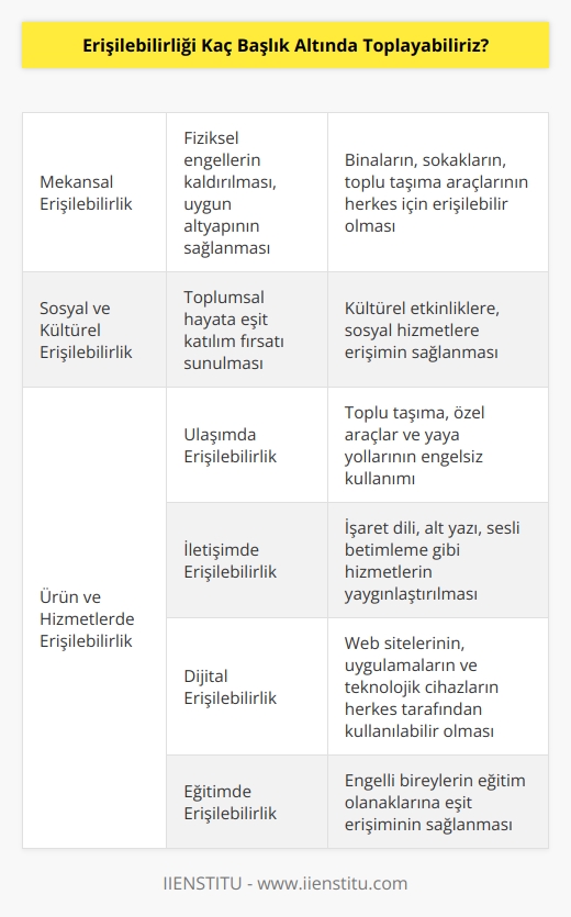 Erişilebilirliği 3 ana başlık ve 4 ara başlık altında toplayabiliriz. Mekânsal erişilebilirlik, sosyal ve kültürel erişilebilirlik, ürün ve hizmetlerde erişilebilirlik. Ürün ve hizmetlerdeki erişilebilirlik kendi içinde 4 guruba ayrılır: Ulaşımda erişilebilirlik,   nde erişilebilirlik, dijital erişilebilirlik, eğitimde erişilebilirlik.