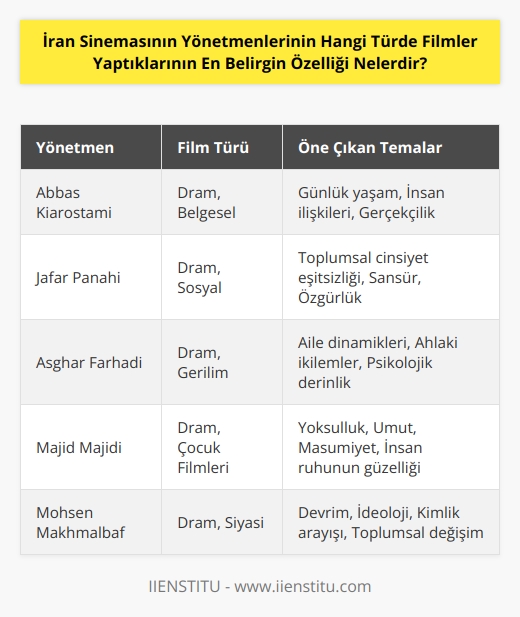 En belirgin özellikleri, siyasal, sosyal ve kültürel gerçekleri öne çıkaran, kültürler arası iletişimi, kadın haklarının savunulması ve İranın tarihsel ve kültürel kimliğinin geliştirilmesi temalarını işleyen dram ve sosyal    filmleridir. Bu tür filmler, İranda gerçek yaşamlarını konu alan filmlerdir ve İran sinemasının    bir bakış açısıyla tasvir edilen toplumsal gerçeklikleriyle öne çıkmaktadır.