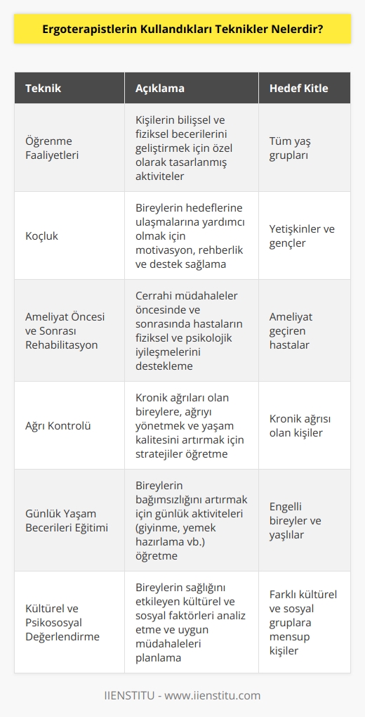 Ergoterapistler, çeşitli teknikler kullanarak, insanların fiziksel, bilişsel ve duygusal ihtiyaçlarını karşılamaya yönelik öneriler ve programlar geliştirir. Bu teknikler arasında, öğrenme faaliyetleri, koçluk, ameliyat öncesi ve sonrası rehabilitasyon, ağrı kontrolü, günlük yaşam becerileri, yaşlılar ve engelliler için özel eğitim ve çok daha fazlası bulunur. Bazı ergoterapistler ayrıca, kültürel ve psikososyal çevrelerinin insanların sağlığına etkisini değerlendirir.
