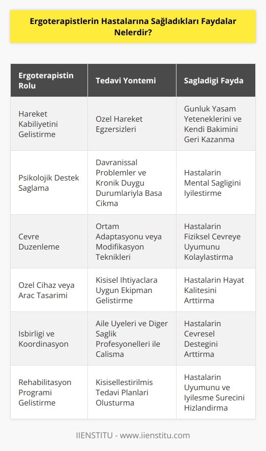 1. Ergoterapistler hastaların hareket kabiliyetini, günlük yaşam yeteneklerini ve kendi bakımını geri kazanmalarına yardımcı olmak için özel hareket egzersizleri uygulayabilir.  2. Ergoterapistler hastaların davranışsal problemleri ve kronik duygu durumlarının üstesinden gelmek için psikolojik destek sağlayabilir.  3. Ergoterapistler hastaların fiziksel çevrelerini düzenlemek için ortam adaptasyonu veya modifikasyon teknikleri uygulayabilir.  4. Ergoterapistler hastaların hayat kalitesini arttırmak için özel cihazlar veya araçlar tasarlayabilir.  5. Ergoterapistler hastaların çevresel desteği arttırmak için aile üyeleri ve diğer sağlık profesyonelleri ile işbirliği yapabilir.  6. Ergoterapistler hastaların uyumunu arttırmak için rehabilitasyon programları geliştirebilir.