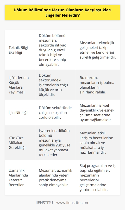 1. Teknik bilgi eksikliği. 2. İş yerlerinin çoğunlukla küçük bir alana yayılmış olması. 3. İşin niteliği nedeniyle döküm bölümlerinde mezun olanların daha çok iş bulma şanslarının olmaması. 4. Döküm bölümünde mezun olanların genellikle yüz yüze mülakata ihtiyaç duyması. 5. Döküm bölümünde mezun olanların genellikle uzmanlık alanlarındaki becerilerinin yetersiz olması. 6. Döküm bölümünde mezun olanların genellikle alanında deneyim kazanmak için yeterli zamanları olmaması. 7. İşyerlerinin döküm bölümü mezunlarının özelliklerine uygun olması.