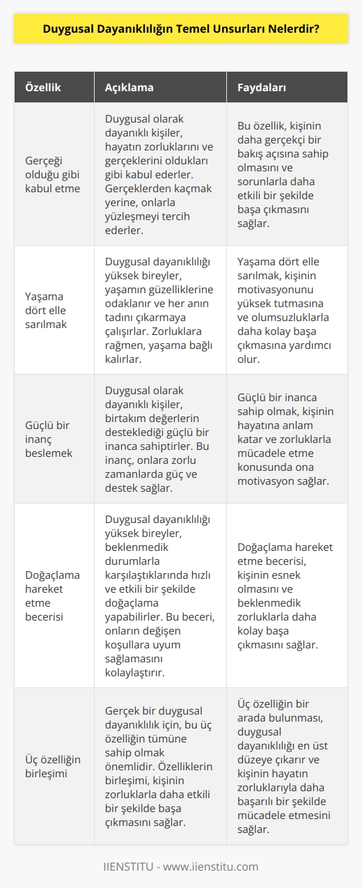 Duygusal dayanıklılığı yüksek kişilerin üç ortak özelliği bulunur; gerçeği olduğu gibi kabul etme, yaşama dört elle sarılmak, diğeri birtakım değerlerin desteklediği güçlü bir inanç besliyor olmak ve son olarak doğaçlama hareket etmek üzere gizli bir beceriye sahip olmak. Yaşamınızda karşınıza zorluklar çıkması durumunda bu özelliklerin sadece bir veya ikisine sahip olmanız bile zorlukları kolayca aşmanızı sağlar. Ancak gerçek bir duygusal dayanıklılık için üçüne birden sahip olmanız şarttır.