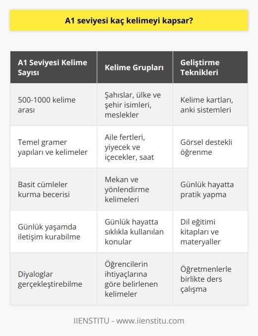 A1 Seviyesi Kelime Dağarcığı  A1 seviyesi, Avrupa Dil Portföyü tarafından belirlenen altı seviyeli dil öğrenme sistemine göre, temel dil becerilerini kazanmış olan öğrencilerin dil seviyesidir. Bu seviyede, öğrencilerin günlük hayatta ihtiyaç duydukları kelimeler ve ifadeler üzerinde durulur.   A1 Seviyesinde Öğrenilen Kelime Sayısı  A1 seviyesi öğrencileri için önerilen kelime sayısı yaklaşık 500den başlayarak 1000 kelimeye kadar çıkabilir. Bu sayede, öğrenciler temel gramer yapılarını ve kelimeleri kullanarak basit cümleler kurabilir ve günlük yaşamda karşılaşılan durumlarla ilgili diyaloglar gerçekleştirebilirler.   Konulara Göre Kelime Grupları  A1 seviyesindeki öğrenciler için kullanılacak olan kelimeler, günlük hayatta sıklıkla kullanılan konulara göre gruplandırılır. Şahıslar, ülke ve şehir isimleri, meslekler, aile fertleri, yiyecek ve içecekler, saat, mekan ve yönlendirme kelimeleri bu grupta yer alır.   Önerilen Kaynaklar ve Materyaller  A1 seviyesindeki öğrencilere yardımcı olabilecek pek çok dil eğitimi kitabı ve materyal bulunmaktadır. Öğrenciler, bu kaynaklardan yararlanarak hem kendi başlarına çalışma hem de dil öğretmenleri ile birlikte ders çalışabilirler.   Geliştirme Teknikleri ve Stratejileri  A1 seviyesine ulaşmış öğrenciler için, kelime dağarcığını geliştirmek ve öğrenilen kelimeleri pekiştirebilmek amacıyla farklı çalışma teknikleri ve stratejileri kullanılmalıdır. Kelime kartları, anki sistemleri, görsel destekli öğrenme ve günlük hayatta pratik yapma gibi yöntemler bu anlamda etkili olacaktır.   Sonuç olarak, A1 seviyesinde yaklaşık 500 ila 1000 kelime arasında bir kelime dağarcığına sahip olmak, öğrencilere günlük yaşamda rahatça iletişim kurabilme ve basit cümlelerle konuşabilme yetisi kazandıracaktır. Öğrenciler ve öğretmenler, eğitim sürecinde bu seviyeye uygun materyaller ve teknikler kullanarak dil öğrenimini daha verimli bir şekilde gerçekleştirebilirler.
