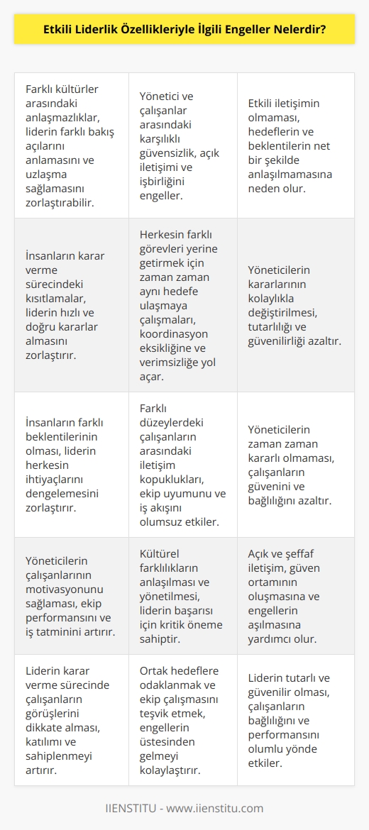 1. Farklı kültürler arasındaki anlaşmazlıklar. 2. Yönetici ve çalışanlar arasındaki karşılıklı güvensizlik. 3. İnsanların karar verme sürecindeki kısıtlamalar. 4. Etkili iletişimin olmaması. 5. Herkesin farklı görevleri yerine getirmek için zaman zaman aynı hedefe ulaşmaya çalışmaları. 6. Yöneticilerin kararlarının kolaylıkla değiştirilmesi. 7. İnsanların farklı beklentilerinin olması. 8. Farklı düzeylerdeki çalışanların arasındaki   . 9. Yöneticilerin zaman zaman kararlı olmaması. 10. Yöneticilerin çalışanlarının motivasyonunu sağlaması.