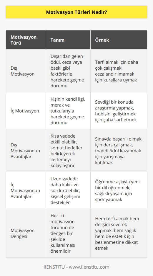 Yaşantımız içerisinde iki farklı motivasyon türü karşımıza çıkar. Bunlar dış motivasyon ve iç motivasyondur.