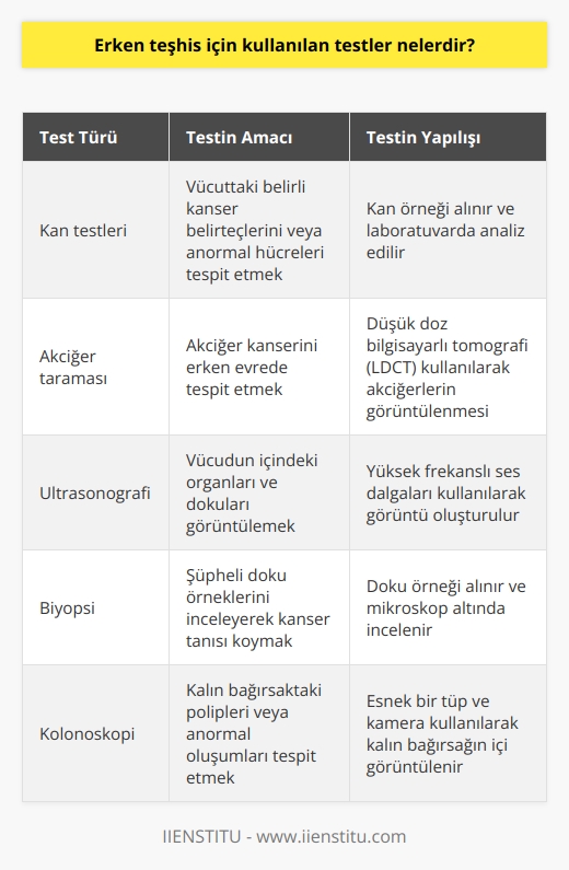 1. Kan testleri 2. Akciğer taraması 3. Ultrasonografi 4. Biopsi 5. MR 6. Doku testleri 7. Pozitif nöbet bildirim testleri 8. Kolonoskopi 9. Mamografi 10. Görüntüleme testleri