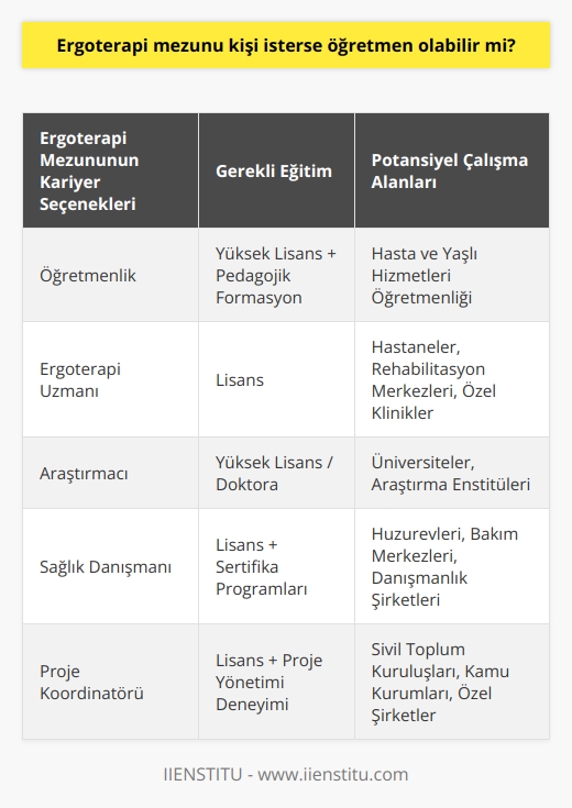 Ergoterapi mezunu yüksek lisans eğitimini tamamladıktan sonra isterse öğretmen olabilirler. Pedagojik formasyon aldıklarında öğretmenlik yapma imkanları vardır. Hasta ve yaşlı hizmetleri öğretmeni olarak görev yapabilirler. 