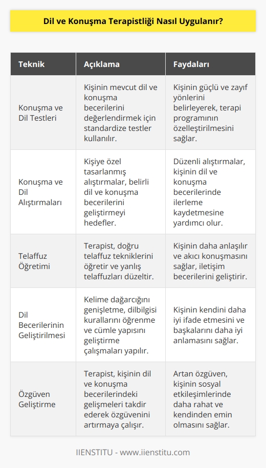 Dil ve Konuşma Terapistliği, bir kişinin dil ve konuşma becerilerini geliştirmek için kullanılan bir yaklaşımdır. Terapist, kişinin konuşma ve dil becerilerini geliştirmek için bir takım teknikleri ve araçları kullanır. Bu teknikler arasında, kişinin konuşma ve dil becerilerini ölçmek için konuşma ve dil testleri, konuşma ve dil alıştırmaları, konuşma ve   nın öğretilmesi, dil becerilerinin geliştirilmesi, özgüven geliştirme,    ve daha fazlası sayılabilir. Terapist, kişinin konuşma ve dil becerilerini geliştirmek için özel olarak tasarlanmış bir program takip eder. Program, düzenli denetimlerle kişinin konuşma ve dil becerilerini geliştirmesini sağlamak için öneriler, ölçümler ve öneriler içerir.