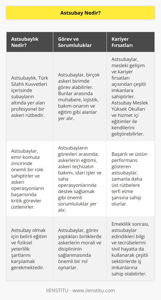 Astsubaylık, askeri hiyerarşi göz önüne alındığında subayın altında yer alan rütbedir. Mesleği tanımlayacak olursak: “TSK bünyesinde görev yapan, emir-komuta zincirindeki konumlarının yanı sıra muhabere ve askeri eğitim gibi farklılık gösteren alanlarda hizmet veren kişidir.” diyebiliriz.