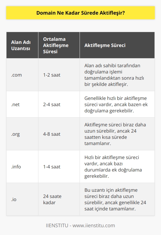 Tüm alan adı kayıt işlemleri, domainin aktifleşmesi için 24 saatten daha kısa bir sürede tamamlanabilir. Bazı alan adı kayıt işlemleri, anında aktifleşebilir. Genellikle, alan adının sahibi alan adı kaydının doğrulanmasını tamamladığında, domain hemen aktifleşir.