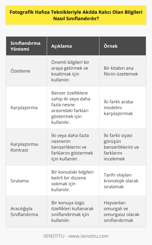 Fotografik hafıza teknikleriyle akılda kalıcı olan bilgileri sınıflandırmak için çeşitli yöntemler kullanılabilir. Bunlar, özetleme, karşılaştırma, karşılaştırma-kontrast, sıralama, aracılığıyla sınıflandırma, gruplandırma, örnekleme ve kategorilere ayırma olarak sıralanabilir. Özetleme, önemli bilgileri bir araya getirmek ve kısaltmak için kullanılır. Karşılaştırma, benzer özelliklere sahip iki veya daha fazla nesne arasındaki farkları göstermek için kullanılır. Karşılaştırma-Kontrast, iki veya daha fazla nesnenin benzerliklerini ve farklarını göstermek için kullanılır. Sıralama, bir konudaki bilgileri belirli bir düzene sokmak için kullanılır. Aracılıkla sınıflandırma, bir konuya özgü özellikleri kullanarak sınıflandırmak için kullanılır. Gruplandırma, bir konuya özgü özellikleri göz önünde bulundurarak nesneleri gruplandırmak için kullanılır. Örneklem, bir konu hakkında özet bir bilgi elde etmek için kullanılır. Kategorilere ayırma, bir konu hakkında bilgileri kategorilere ayırmak için kullanılır.
