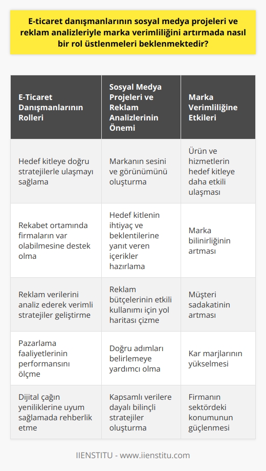 E-Ticaret Danışmanlarının Rolü  E-ticaret danışmanları, sosyal medya projeleri ve reklam analizleri aracılığıyla marka verimliliğini artırmada önemli bir rol üstlenmektedir. Günümüzde teknolojinin hızlı gelişimi ve dijitalleşmenin özellikle alışveriş sektöründe yaşattığı dönüşüm nedeniyle, firmaların doğru stratejilerle hedef kitlelere ulaşması ve rekabet ortamında var olabilmesi e-ticaret danışmanlarının desteği ile mümkün hale gelmektedir.  Sosyal Medya Projeleri ve Reklam Analizleri  E-ticaret danışmanlarının sosyal medya projelerinde ve reklam analizlerinde üstlendikleri önemli rollerden biri, firmanın ürün ve hizmetlerinin doğru hedef kitle ile buluşmasını sağlamaktır. Bu doğrultuda danışmanlar, sosyal medya platformlarında markanın sesi ve görünümü oluşturarak, hedef kitlenin ihtiyaç ve beklentilerine yanıt veren içerikler hazırlayarak markayıpozitif yönde etkilemekte ve marka bilinirliğinin artmasına katkıda bulunmaktadırlar.   Öte yandan reklam analizleri, e-ticaret danışmanları için oldukça kritik bir araçtır. Danışmanlar, reklam verilerini analiz ederek, firmaların reklam bütçelerinin daha verimli ve etkili bir şekilde kullanılabilmesi için stratejiler geliştirmekte ve yol haritası çizmektedirler. Bu sayede, firmalar mevcut pazarlama faaliyetlerinin performansını ölçebilir ve atılması gereken doğru adımları belirleyebilirler.  Marka Verimliliğinin Artırılması  E-ticaret danışmanlarının bu faaliyetleri sonucunda, marka verimliliği artmaktadır. Doğru sosyal medya projeleri ve reklam analizi sonuçlarına dayalı stratejiler ile geliştirilen pazarlama planları, firmaların ürün ve hizmetlerinin hedef kitleye daha etkili bir şekilde ulaşmasını ve marka bilinirliğinin artmasını sağlamaktadır. Bu durum, uzun vadede müşteri sadakati ve kâr marjlarının artışı ile sonuçlanır.  Sonuç olarak, e-ticaret danışmanlarının sosyal medya projeleri ve reklam analizleri ile marka verimliliğini artırmada üstlenmeleri beklenen roller, firma için değerli bir yatırımdır. Bu hizmetler sayesinde firmalar, dijital çağın getirdiği yeniliklere ve kapsamlı verilere dayalı olarak daha bilinçli ve başarılı adımlar atarak, sektördeki konumlarını güçlendirebilirler.