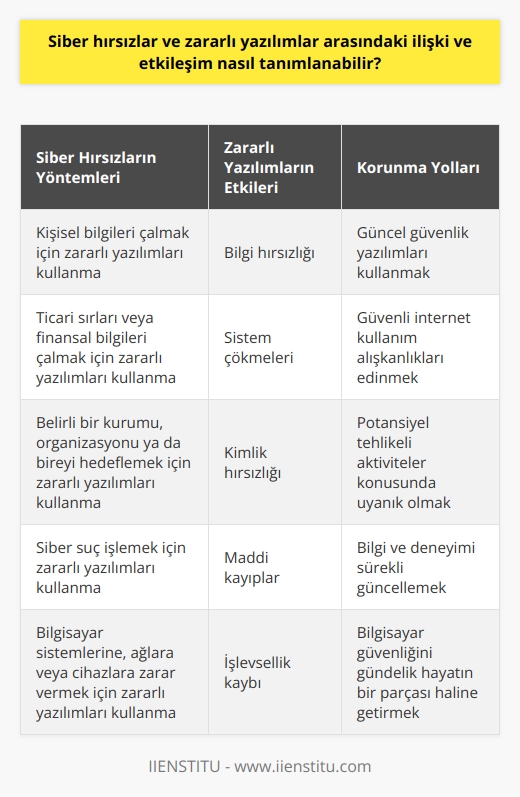 Siber hırsızlar ve zararlı yazılımlar arasındaki ilişki ve etkileşim, teknolojiye bağımlı sosyal hayatımızda önemli bir güvenlik faktörüdür. Siber hırsızlar, genellikle zararlı yazılımları kullanarak, sanal dünyadaki hedeflerine başarıyla saldırırlar. Zararlı yazılımlar, kelime anlamıyla bir bilgisayar sistemi, ağı ya da cihazı zarar görmesi, aksaması ya da işlevini kaybetmesi için yazılmış bir yazılımı temsil eder.  Siber hırsızlar ve zararlı yazılımlar arasındaki etkileşim bilgi hırsızlığı, sistem çökmeleri, kimlik hırsızlığı ve maddi kayıplar olabilen sonuçlara yol açabilir. Siber hırsızlar, genellikle insanların kişisel bilgilerini, ticari sırları veya finansal bilgileri çalmak için zararlı yazılımları kullanır. Bunun yanı sıra, belirli bir kurumu, organizasyonu ya da bireyi hedeflemek ya da siber suç işlemek için de zararlı yazılımları kullanabilirler.  Dijital tehlikelere karşı korunmanın bir yolu, güncel güvenlik yazılımları ve güvenli internet kullanım alışkanlıkları edinmektir. Güvenlik yazılımlarının yanı sıra, internet kullanıcılarının, belirli web sitelerini ziyaret etmek, bilinmeyen birinden bir dosya indirmek veya açmak ya da şüpheli bir e-posta açmak gibi potansiyel tehlikeli aktiviteleri olan durumlarda uyanık olmaları gerekmektedir.  Sonuç olarak, siber hırsızlar ve zararlı yazılımlar arasındaki ilişki karmaşık ve sürekli evrilen bir tehdit oluşturmaktadır. Bu nedenle, bilginin ve deneyimin bu konuda sürekli olarak güncellenmesi gerekmektedir. Bilgisayar güvenliği artık sadece teknoloji departmanlarının endişesi olmamalı, her bireyin ve organizasyonun gündelik hayatının bir parçası olmalıdır.