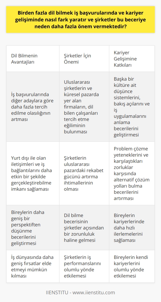 Birden fazla dil bilmek, iş başvuruları ve kariyer gelişimi konusunda önemli bir fark yaratmaktadır. Aslında bu durum, yabancı dil bilen bireyler için büyük bir avantaj sağlamaktadır. Özellikle uluslararası şirketlerin ve küresel pazarda yer alan firmaların, dil bilen çalışanları tercih etme eğilimi bulunmaktadır. Bu durumun nedeni, şirketlerin yurt dışı ile olan iletişimlerini ve iş bağlantılarını, dil engeline takılmadan daha etkin bir şekilde gerçekleştirebilme ve uluslararası pazardaki rekabet gücünü artırma ihtimalleridir. Bu da demektir ki, birden fazla dil bilen bir adayın, iş başvurularında diğer adaylara göre daha fazla tercih edilme olasılığı artmaktadır.  Bunun yanı sıra, birden fazla yabancı dil bilmek, bireylerin kariyer gelişimlerine de önemli bir katkı sağlar. Çünkü dil bilgisi, bireylerin başka bir kültüre ait düşünce sistemlerini, bakış açılarını ve iş uygulamalarını anlama ve bu sayede daha geniş bir perspektiften düşünme becerilerini geliştikleri anlamına gelir. Bu durum, aynı zamanda problem çözme yeteneklerini ve karşılaştıkları zorluklar karşısında alternatif çözüm yolları bulma becerilerini de artırır.  Tabii ki, dil bilme becerisinin iş başvurularında ve kariyer gelişiminde yarattığı bu avantajlar, şirketlerin bu beceriye daha fazla önem vermesinin ana sebeplerinden biri olmuştur. Ancak şirketler açısından dil bilme becerisi yalnızca bir tercih meselesi olmanın ötesinde, aslında bir zorunluluk haline gelmiştir. Bu nedenle, özellikle İngilizce, Almanca gibi ana dil dışında bir dil bilmek, bireylerin kariyerlerinde daha hızlı ilerlemelerini sağlar ve iş dünyasında daha geniş fırsatlar elde etmelerini mümkün kılar. Dolayısıyla, birden fazla dil bilmek, bireylerin kendi kariyerlerini ve şirketlerin iş performanslarını olumlu yönde etkileyen bir faktör haline gelmiştir.