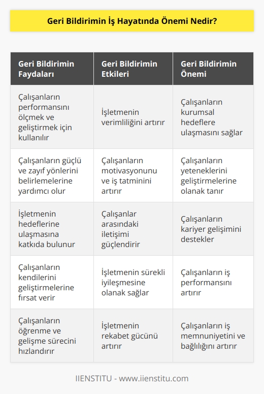 Geri bildirim, insanların performansını ölçmek için kullanılan, işletmelerin ve çalışanların verimliliğini artırmak için çok önemli bir araçtır. İş hayatında geri bildirim, bir işletme için önemli olduğu kadar, çalışanların da özellikle yararına olabilir. Geri bildirim, çalışanların işlerinde neyin işe yaradığını ve neyin işe yaramadığını göstermesi sayesinde işletme veya çalışanlar için pozitif sonuçların doğmasına yardımcı olur. Geri bildirim, çalışanların performanslarını izlemek ve geliştirmek için ortam sağlar. Geri bildirim, çalışanların kurumsal hedeflere ulaşmasını, performans göstergelerini artırmasını ve üst düzey yetenekleri geliştirmesini sağlamak için önemli bir araçtır. Sonuç olarak, geri bildirimin iş hayatında büyük önemi vardır.