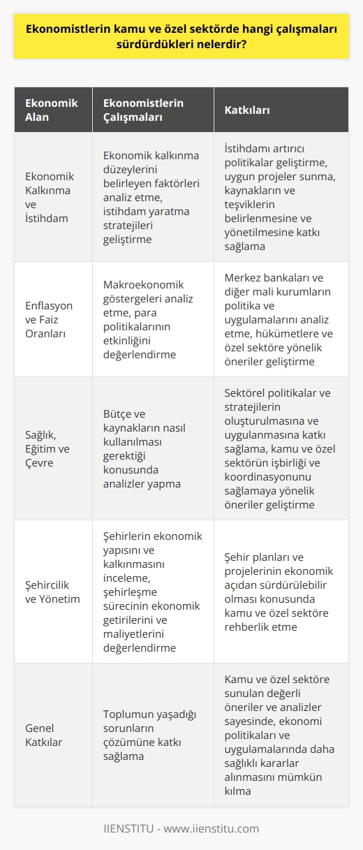Ekonomistlerin Kamu ve Özel Sektördeki Çalışmaları  Ekonomistler, diğer adıyla iktisatçılar, televizyon ve internet ortamlarının dışında kamu ve özel sektörlerde de önemli çalışmalar yürütürler. Bu çalışmaların birçoğu, ekonomik kalkınma, istihdam, enflasyon ve faiz oranları gibi konularda gerçekleştirilmektedir. Aynı zamanda ekonomistler, sağlık, eğitim, çevre, şehircilik gibi alanlarda karar alınmasına yardımcı olmaktadırlar. Bu yazıda, ekonomistlerin bu alanlardaki çalışmalarını inceleyeceğiz.  Ekonomik Kalkınma ve İstihdam  Ekonomistler, ülkelerin ekonomik kalkınma düzeylerini belirleyen faktörleri analiz ederek, özellikle istihdam yaratma konusunda stratejiler geliştirirler. Bu süreçte, istihdamı artırıcı politikalar geliştirmekte ve kamu ve özel sektöre uygun projeler sunmaktadırlar. Aynı zamanda, ekonomik kalkınma için gerekli olan kaynakların ve teşviklerin belirlenmesine ve yönetilmesine de katkı sağlarlar.  Enflasyon ve Faiz Oranları  Ekonomistler, enflasyon ve faiz oranları gibi makroekonomik göstergeleri analiz ederek, para politikalarının etkinliğini değerlendirirler. Bu noktada, merkez bankaları ve diğer mali kurumların politika ve uygulamalarını analiz ederken, hükümetlere ve özel sektöre yönelik öneriler geliştirerek, uygun mali kararlar alınmasına yardımcı olurlar.  Sağlık, Eğitim ve Çevre  Ekonomistler, sağlık, eğitim ve çevre gibi sosyal konularda da önemli çalışmalar yaparlar. Bu alanlarda, bütçe ve kaynakların nasıl kullanılması gerektiği konusunda analizler yaparak, sektörel politikalar ve stratejilerin oluşturulmasına ve uygulanmasına katkı sağlarlar. Ayrıca, bu konularda kamu ve özel sektörün işbirliği ve koordinasyonunu sağlamaya yönelik öneriler geliştirerek, daha etkin ve verimli çalışmaların yapılmasını desteklerler.  Şehircilik ve Yönetim  Ekonomistler ayrıca şehircilik ve yönetim alanlarında da değerli çalışmalar yürütürler. Şehirlerin ekonomik yapısını ve kalkınmasını incelerken, şehirleşme sürecinin ekonomik getirilerini ve maliyetlerini değerlendirirler. Yapılan bu analizler sayesinde, şehir planları ve projelerinin ekonomik açıdan sürdürülebilir olması konusunda kamu ve özel sektöre rehberlik ederler.  Sonuç olarak, ekonomistler, ekonomi alanında uzman kişiler olarak, bu ve benzeri konular üzerinde çalışmalar yaparak, toplumun yaşadığı sorunların çözümüne katkı sağlarlar. Kamu ve özel sektöre sunulan değerli öneriler ve analizler sayesinde, ekonomi politikaları ve uygulamalarında daha sağlıklı kararlar alınmasını mümkün kılarlar.