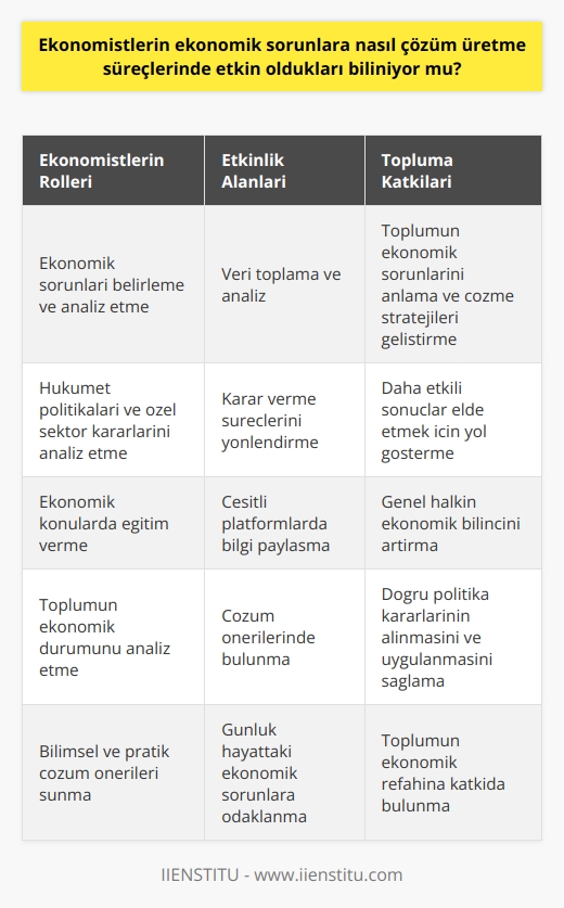 Ekonomistlerin Ekonomik Sorunlara Çözüm Üretim Süreci  Ekonomistler, genellikle ekonomi konularında gelişmiş uzmanlık ve bilgiye sahip olan profesyonellerdir. Toplumsal ekonomik sorunların çözüm süreçlerine aktif katılım sağlarlar ve bu sorunlara karşı analizler ve stratejiler geliştirirler. Ancak, bu ekonomistlerin nasıl aktif bir şekilde ekonomik sorunlara çözüm ürettiği konusu, çoğu zaman ayrıntılı bir incelemeyi gerektirir.  Ekonomistler, toplumsal ekonomik sorunların belirlenmesinde ve bu sorunları çözecek çözümlerin geliştirilmesinde etkili olabilirler. Verileri toplayıp analiz ederek, ekonomik trendler ve durumlar hakkında bilgi sağlarlar. Bu bilgi, toplumun ekonomik sorunlarını anlamak ve çözmek için gerekli stratejileri belirlemek için kullanılır.  Ekonomistler ayrıca, hükümet politikalarının ve özel sektör kararlarının analiz edilmesinde de etkili olabilirler. Bu analizler, kararları daha etkili bir şekilde yönlendirmek ve daha iyi sonuçlar elde etmek için kullanılabilir. Ayrıca, ekonomistler genellikle ekonomik konularda eğitim verir ve genel halkın ekonomik bilincini artırmak için çeşitli platformlarda bilgi paylaşırlar.  Bu bakımdan, ekonomistlerin ekonomik sorunlara çözüm üretme sürecinde etkin oldukları son derece açık bir gerçektir. Onlar, toplumun ekonomik durumunu analiz eder, çözümler önerir ve doğru politika kararlarının alınmasını ve etkin bir şekilde uygulanmasını sağlarlar. Bu durum, onların toplum açısından önemli bir rol oynadığını ve ekonomik süreçlerin etkin bir şekilde yönetilmesinde önemli olduğunu göstermektedir. Günlük hayatta karşılaşılan ekonomik sorunlara bilimsel ve pratik çözüm önerileri sunarak, toplumun ekonomik refahına katkıda bulunmaktadırlar.