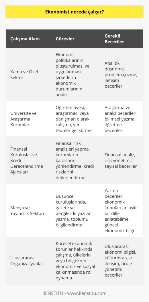 Ekonomistlerin Çalışma Alanları   Ekonomistler, öncelikle kamu ve özel sektörde çok çeşitli alanlarda çalışma fırsatına sahiptir. Kamu sektöründe, ekonomistler devletin ekonomi politikalarının oluşturulması ve uygulanmasında görev alır. Özel sektörde ise, şirketlerin ekonomik durumlarını analiz ederek, finansal hedeflere ulaşmalarına katkı sağlarlar.  Üniversite ve Araştırma Kurumlarında Görev  Ekonomistler, üniversite ve araştırma kurumlarında öğretim üyesi, araştırmacı veya danışman olarak çalışabilirler. Bu alanda çalışan ekonomistler, makro ve mikro ekonomi, para politikaları, uluslararası ticaret gibi konularda yeni teoriler geliştirerek ekonomik bilgi birikimine katkı sağlarlar.  Finansal Kuruluşlar ve Kredi Derecelendirme Ajansları  Ekonomistler, bankalar, yatırım şirketleri, sigorta firmaları gibi finansal kuruluşlarda istihdam edilir. Bu tür kuruluşlarda çalışan ekonomistler, finansal risk analizleri yaparak, kurumların kararlarını yönlendirir. Ayrıca kredi derecelendirme ajanslarında ekonomistler, ülkeler ve şirketlerin kredi risklerini değerlendirir.  Medya ve Yayıncılık Sektöründe Faaliyet Gösterme  Ekonomistler, medya ve yayıncılık sektöründe düşünce kuruluşlarında, gazete ve dergilerde yazılarıyla bilgi paylaşarak toplumu bilgilendirebilirler. Bu tür çalışanlar, ekonomik konuları güncel ve kolay anlaşılır bir dilde anlatarak, ekonomik konular hakkında toplumun fikir sahibi olmasını sağlar.  Uluslararası Organizasyonlarda Çalışma İmkanı  Ekonomistler, Birleşmiş Milletler, Dünya Bankası, Uluslararası Para Fonu gibi uluslararası organizasyonlarda görev alarak, küresel ekonomik sorunlar hakkında çalışabilirler. Bu tür görevlerde, ekonomistler bir ülkenin veya bölgenin ekonomik ve sosyal kalkınmasında belirleyici bir rol oynarlar.  Sonuç olarak, ekonomistlerin çalışma alanları oldukça çeşitlidir ve bu alanlarda kariyer yapmak isteyen kişiler, kendilerine uygun bir meslek grubunda faaliyet gösterebilirler. Başarılı bir ekonomist olmak için, sürekli gelişim ve güncel ekonomik konulara hakim olma yönünde çaba göstermek gerekmektedir.