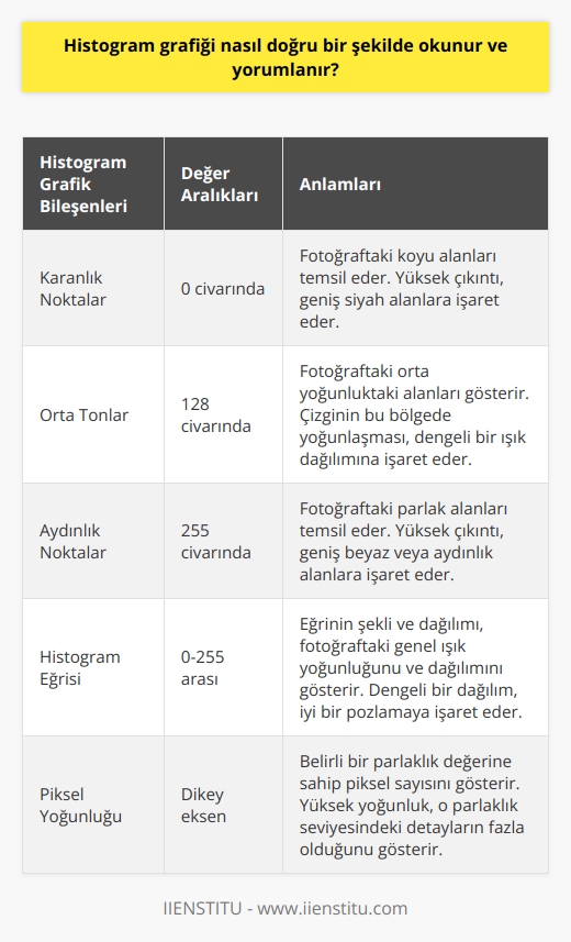 Histogram grafiğinin doğru şekilde okunması ve yorumlanması, dijital fotoğrafçılıkta önemli bir yetenektir. Piksellerin oluşturduğu, fotoğrafı meydana getiren ışığı grafik biçiminde gösteren histogram, fotoğrafın kalitesini ve doğruluğunu değerlendirmek için kullanılır.   Histogram, karanlık ve aydınlık noktaların yer aldığı bir eğri üzerinde dağılımı gösterir. `0` değeri, en karanlık noktayı temsil ederken, `255` değeri en aydınlık noktayı temsil eder. Eğer fotoğraf üzerindeki siyah alanlar genişlemişse, histogramın sol tarafında yüksek bir çıkıntı beklenir. Beyaz veya aydınlık alanlar yoğunlaştığında ise sağda yüksek bir çıkıntı beklenir.   Histogramın doğru okunmasının bir diğer yolu ise; kendi değerlerinin yanısıra, ışığın genel yoğunluğunu yorumlamak olduğunu söyleyebiliriz. Histogram üzerindeki çizginin dağılımı, ışığın dağılımını temsil eder. Eğer çizgi, genelde orta veya düşük yoğunluklu bir alana yoğunlaşıyorsa, fotoğraftaki ışık yoğunluğunu doğru bir şekilde yakalamış olabiliriz.  Histogramı okumak ve yorumlamak sadece teknik bir beceri değil, aynı zamanda bir sanat formudur. Işığın yoğunluğuna, nerede yoğunlaştığına ve hangi değerlerde yoğunlaştığına dikkat ederek, bir fotoğrafçı fotoğraflarının kalitesini ve etkileyiciliğini artırmak için bilinçli kararlar verebilir. Bunun yanı sıra, histogram şüphesiz pozlama ve ışıklandırma seçenekleri ile ilgili bilinçli kararlar vermek için gerekli verileri sağlar.  Sonuç olarak, histogram grafiği, dijital fotoğrafçılıkta vazgeçilemez bir araç olarak görev yapar. Doğru bir şekilde okunan ve yorumlanan bir histogram, fotoğrafçılara fotoğraflarını geliştirme, iyileştirme ve düzeltme yeteneği sunar. Bu da, fotoğrafçının istediği hikayeyi daha doğru ve etkileyici bir şekilde anlatmasını ve bunun sonucunda kaliteli bir fotoğraf elde etmesini sağlar.