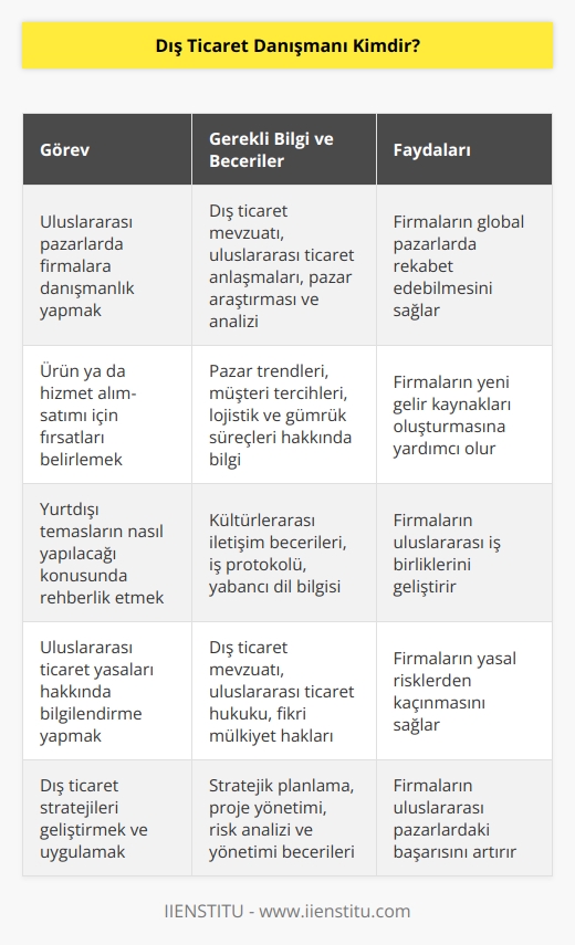 Dış ticaret danışmanı, işletmelerin uluslararası pazarlarda faaliyet göstermeleri sırasında sahip oldukları uzmanlık bilgileri ile firmalara    yapan kişilerdir. Dünya genelinde ürün ya da hizmet satın alma ve satma imkanları, yurtdışı temasların nasıl yapılması gerektiği ve uluslararası ticaret üzerine düzenlenmiş yasalar hakkında tavsiyelerde bulunan kişilerdir.