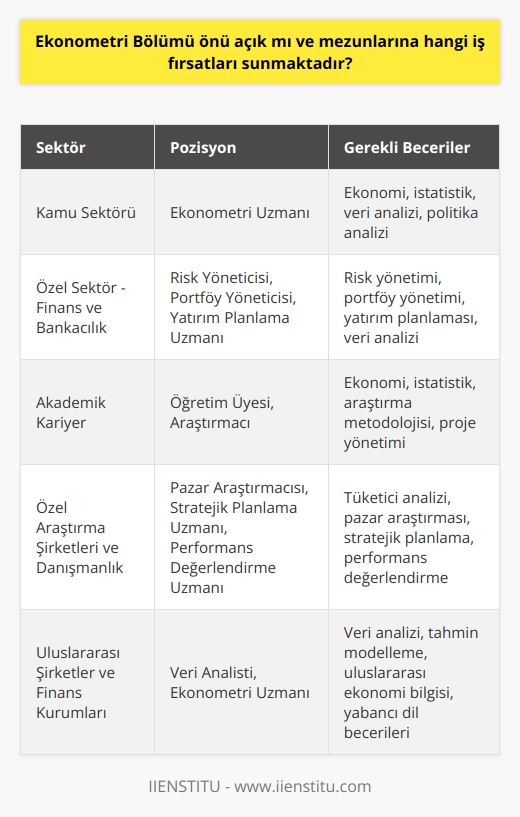 Ekonometri Bölümü Gelecek Perspektifi  Ekonometri bölümü, özellikle dünya ekonomisinin giderek daha karmaşık hale geldiği ve verinin öneminin arttığı günümüzde önü açık bir disiplindir. Bu bölümün mezunlarına sunduğu iş fırsatları oldukça çeşitlidir.  Kamu ve Özel Sektör Açıkları  Mezunlar, ekonomi, istatistik ve benzeri alanlardaki kabiliyetleri sayesinde kamu sektöründe değerlendirilebilir. Devlet kurumları ve belediyeler tarafından yapılan planlamalar ve politika analizleri için ekonometri uzmanlarına büyük ihtiyaç duyulmaktadır.  Özel sektörde ise analitik yetenekleriyle iş yaşamında önemli roller üstlenebilirler. Finans ve bankacılık gibi alanlarda ekonometri mezunları, risk yönetimi, portföy yönetimi ve yatırım planlaması konularında çalışabilir.  Eğitim ve Araştırma Olanakları  Ekonometri mezunları, akademik kariyer yapmayı tercih edebilir ve ekonomi ve istatistik alanında uzmanlaşarak üniversitelerde görev yapabilirler. Bu sayede, önemli ekonomik sorunlara çözüm üretme potansiyeline sahip projelere katkıda bulunabilirler.  Özel Araştırma Şirketleri ve Danışmanlık  Özel araştırma şirketlerinde, tüketici eğilimlerini analiz etmek ve pazar araştırması yapmak üzere görev alabilirler. Ayrıca, stratejik planlama ve performans değerlendirme alanlarında danışmanlık hizmetleri sunarak, işletmelerin karar verme süreçlerine yardımcı olabilirler.  Uluslararası Kariyer İmkanları  Ekonometri bölümü mezunları, uluslararası kariyer fırsatlarını da değerlendirebilir. Küresel ekonomik oyuncular olan uluslararası şirketler ve finans kurumları, veri analizi ve tahmin yapabilme becerisine sahip bu mezunları tercih etmektedir.  Sonuç olarak, ekonometri bölümü mezunlarına geniş bir yelpazede iş olanakları sunan ve gelecek perspektifi açık olan bir disiplindir. Özellikle büyüyen dünya ekonomisi ve bilgi çağı ile birlikte bu mezunların değeri daha da artacaktır.
