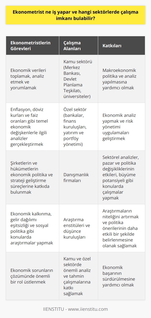 Ekonometristlerin Görevleri ve Çalışma Alanları  Ekonometrist, ekonometri alanında uzmanlaşmış bir ekonomisttir. Ekonometri, ekonomik ilişkilerin ve olguların istatistiksel ve matematiksel yöntemlerle analizini ve ekonomik tahminlerin yapılmasına yönelik çalışmaları içerir. Ekonometristler, ekonomik verileri toplar, analiz eder ve yorumlar. Farklı sektörlerde ve kuruluşlarda istihdam edilerek, iş ve finans dünyasında kritik kararlar almak için kullanılan bilgilere katkıda bulunurlar.  Ekonometristlerin çalışma alanları oldukça geniştir. Öncelikle kamu sektöründe, Merkez Bankası, Devlet Planlama Teşkilatı gibi kurumlar ve üniversitelerde istihdam imkânları bulunmaktadır. Bu kurumlar, makroekonomik politika ve analiz yapmak amacıyla ekonometristlere ihtiyaç duymaktadır. Ekonometristler, enflasyon, döviz kurları ve faiz oranları gibi temel ekonomik değişkenlerle ilgili analizler gerçekleştirirler.  Özel sektörde ise, ekonometristlerin çalışabileceği alanlar daha fazladır. Özellikle bankalar ve finans kuruluşları, ekonometristlerin elde ettikleri verilere dayanarak ekonomik analiz yapmak ve risk yönetimi uygulamaları geliştirmek amacıyla istihdam sağlarlar. Ayrıca, yatırım ve portföy yönetimi alanlarında da ekonometristlere olan talep artmaktadır.  Ekonometristler, danışmanlık firmalarında istihdam edilerek, şirketlerin ve hükümetlerin ekonomik politika ve strateji geliştirme süreçlerine katkıda bulunurlar. Bu süreçlerde sektörel analizler, pazarda ve politika değişikliklerinde nasıl etkileşime geçileceği ve büyüme potansiyeli gibi konular üzerinde çalışırlar.  Araştırma enstitüleri ve düşünce kuruluşlarında da ekonometristlere ihtiyaç duyulmaktadır. Bu kuruluşlar, ekonomik kalkınma, gelir dağılımı eşitsizliği ve sosyal politika gibi konularda araştırma yaparlar. Ekonometristlerin katkıları, bu araştırmaların niteliğinin artırılmasına ve politika önerilerinin daha etkili bir şekilde belirlenmesine olanak sağlar.  Sonuç olarak, ekonometristlerin çalışabileceği sektörler oldukça çeşitlidir. Kamu ve özel sektörde önemli analiz ve tahmin çalışmalarına katkı sağlayarak, ekonomik sorunların çözümünde önemli bir rol üstlenirler. Bu nedenle, ekonometri alanında uzmanlaşan kişilere duyulan ihtiyaç ve istihdam olanakları artmaktad, ekonomik başarının sürdürülmesi için önemli bir unsurdur.