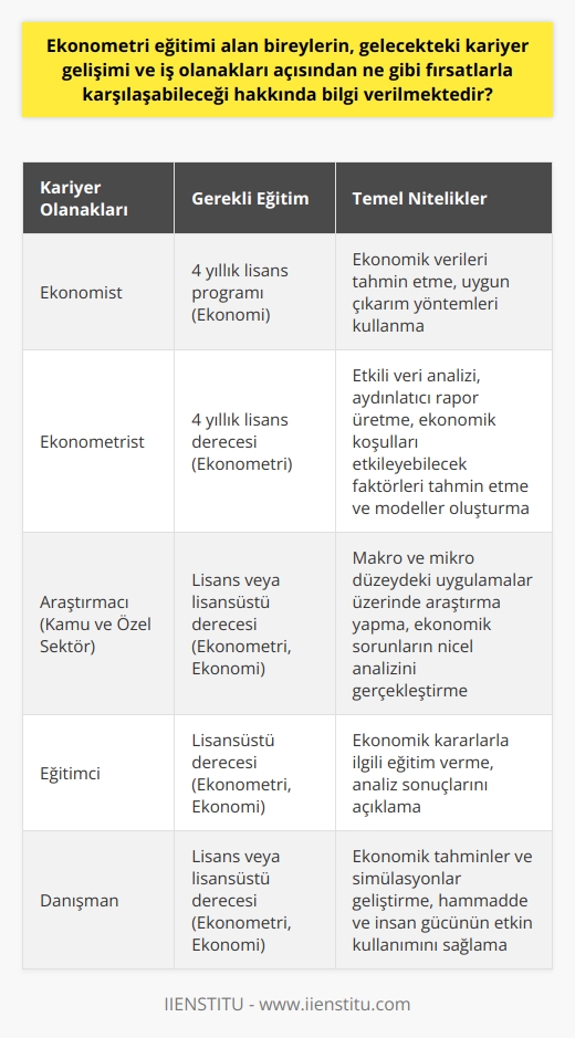 Ekonometri eğitimi, bireyleri gelecekteki kariyer gelişimleri ve iş olanakları açısından büyük fırsatlarla karşılaştırabilir. Ekonometri, aynı zamanda iktisadi teorilerin geliştirilmesi ve elde edilen verilerin test edilmesi için matematiksel ve istatistiksel modellemeyi içeren akademik bir disiplindir.  Ekonometri eğitimi alan bireyler, öncelikle ekonomist unvanına sahip olabilirler. Ekonomistler, uygun çıkarım yöntemleri kullanarak geleceğe ışık tutacak ekonomik verileri tahmin etme konusunda uzmandırlar. Bunun için bir 4 yıllık lisans programını tamamlamaları gerekir.  Ekonomistler genellikle kamu ve özel sektörde, araştırma departmanlarında çalışırlar. Burada, makro ve mikro   ndaki uygulamalar üzerinde araştırmalar yaparlar. Ayrıca, ekonomik sorunların nicel analizi ve ekonomik kararlarla ilgili eğitim verme görevleri de bulunmaktadır.  Dahası, ekonometri eğitimi almış bireyler ekonometrist olarak da kariyer yapabilirler. Ekonometristler, ekonomik tahminler ve simülasyonlar geliştiren, hammadde ve insan gücünün etkin kullanımını sağlayan profesyonellerdir. Ekonometrist olmak için, ekonometri bölümünde 4 yıllık bir lisans derecesine sahip olmak gereklidir.  Ekonometristlerin başlıca nitelikleri, etkili bir şekilde veri analizi yapabilme ve analiz sonuçları hakkında aydınlatıcı raporlar üretebilme kapasitesidir. Bunun yanı sıra ekonomik koşulları etkileyebilecek faktörleri tahmin etme ve modeller oluşturma becerileri de gereklidir. Bu yetenekler, ekonometristlerin işletmelerde ve kurumlarda verimliliği artırmalarına yardımcı olur.  Sonuç olarak, ekonometri eğitimi, geniş bir yelpazede kariyer olanağı sağlamaktadır. Ekonometri eğitimi alan bireyler, ekonomik olayları analiz etme ve ekonomik tahminler yapma becerileri ile geniş iş olanaklarına sahip olabilirler. Bu yetenekler, iş dünyasında son derece değerli ve talep gören yeteneklerdir. Ekonometri eğitimi, bireylere bu yetenekleri sunarak, rekabetçi iş piyasasında avantaj kazanmalarını sağlar.