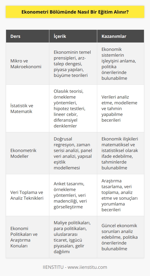 Ekonometri Bölümünde alınacak eğitim, öğrencilere ekonomik verileri toplama, analiz etme ve sonuçlarını yorumlama yeteneği kazandırmayı amaçlamaktadır. Programlar öğrencilere mikro-ve makroekonomi, istatistik, matematik, finans ve ekonometrik modelleri konusunda eğitim vermektedir. Programlar, verileri toplamayı, analiz etmeyi ve sonuçlarını yorumlamayı içeren çeşitli teknikleri öğretmektedir. Programlara ek olarak, öğrenciler genellikle ekonomik politikaların analizi, üretim ve tüketim konularının araştırılması ve ekonomik olgu ve olayların teorik olarak anlaşılması konularında eğitim alırlar.