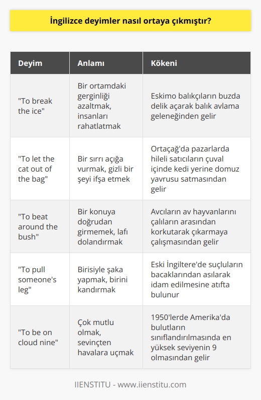 İngilizce dilini kullanan farklı milletlerin günlük yaşamlarında geçmişten günümüze kadar karşılaşılan durumları anlatacak sözlerle ortaya çıkmıştır. Her geçen zaman dilimi yeni deyimleri dile kazandırmaktadır. Zamanın ve toplumun deyimler üzerinde etkisi bu şekilde gerçekleşmektedir.