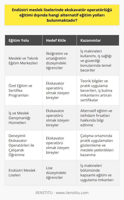 Alternatif Eğitim Yolları  Ekskavatör operatörü olarak çalışmak isteyen bireylerin endüstri meslek liselerinde iş makineleri bölümünde eğitim almaları önerilmektedir. Ancak, ekskavatör operatörlüğü eğitimi dışında ise başvuru sahiplerinin ilkokul mezunu olma şartıyla başvurabileceği alternatif eğitim yolları da bulunmaktadır.  Mesleki ve Teknik Eğitim Merkezleri  Bu tür eğitim kurumları, ilköğretim ve ortaöğretim düzeylerindeki öğrencilere farklı dal ve alanlarda mesleki eğitim imkanı sunmaktadır. İş makineleri kullanımı, iş sağlığı ve güvenliği gibi konuları içeren kurslar ile ekskavatör operatörlüğüne yönelik temel becerilerin kazandırılması hedeflenir.  Özel Eğitim ve Sertifika Programları  Ekskavatör operatörü yetiştiren özel eğitim kurumları da bulunmaktadır. Bu kurumlarda verilen eğitimlerle, katılımcılar ekskavatör kullanımına ilişkin teorik bilgilerin yanı sıra, pratik uygulama becerilerini de kazanır. Eğitim sonunda başarılı olan katılımcılara, iş bulma imkanlarını artıran sertifikalar verilir.  İş ve Meslek Danışmanlığı Hizmetleri  Türkiye İş Kurumu (İŞKUR) gibi resmi kurumlar tarafından sunulan iş ve meslek danışmanlığı hizmetleri, kişilere ekskavatör operatörü olma yolunda alternatif eğitim ve iş imkanları hakkında bilgi sağlar. Bu sayede, ekskavatör operatörlüğü mesleğine yönelik beklentileri karşılayacak alternatif eğitim ve istihdam fırsatları değerlendirilebilir.  Deneyimli Ekskavatör Operatörleri ile Çalışarak Öğrenme  Ekskavatör operatörlüğü alanında deneyimli kişilerden bilgi ve tecrübe paylaşımı yoluyla öğrenme de bir seçenektir. Bu yöntemle, çalışma ortamında pratik uygulamaları gözlemleme ve alanın gerektirdiği yetkinlikleri kazanma imkanı elde edilir.  Sonuç olarak, ekskavatör operatörü olmayı hedefleyen bireyler için endüstri meslek liseleri dışında da pek çok alternatif eğitim yoluna başvurarak, mesleki becerilerini geliştirebilir ve istihdam olanaklarını artırabilirler.