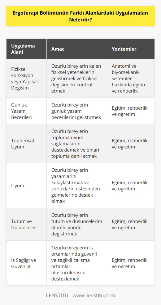 Ergoterapi bölümünün farklı alanlardaki uygulamaları;  1. Fiziksel Fonksiyon veya Yapısal Değişim: Özürlü insanların kalan fiziksel yeteneklerinin geliştirilmesi veya fiziksel değişimlerin kontrol edilmesi için vücudun anatomik ve biomekanik sistemleri hakkında eğitim ve rehberlik.  2. Günlük Yaşam Becerileri: Yaşamın günlük alanlarında özürlü bireylerin günlük yaşam becerilerini geliştirmek için eğitim, rehberlik ve öğretim.  3. Toplumsal Uyum: Özürlü insanların toplumsal alanlarda uyum sağlamalarını desteklemek ve onları topluma dahil etmek için eğitim, rehberlik ve öğretim.  4. Uyum: Özürlü insanların yaşamlarını kolaylaştırmak ve onların üstesinden gelmesi için gereken desteği sağlamak için eğitim, rehberlik ve öğretim.  5. Tutum ve Düşünceler: Özürlü insanların tutumlarını ve düşüncelerini olumlu yönde değiştirmek için eğitim, rehberlik ve öğretim.  6. İş Sağlığı ve Güvenliği: İş ortamlarında özürlü insanların güvenli ve sağlıklı çalışma ortamları oluşturulmasını desteklemek için eğitim, rehberlik ve öğretim.