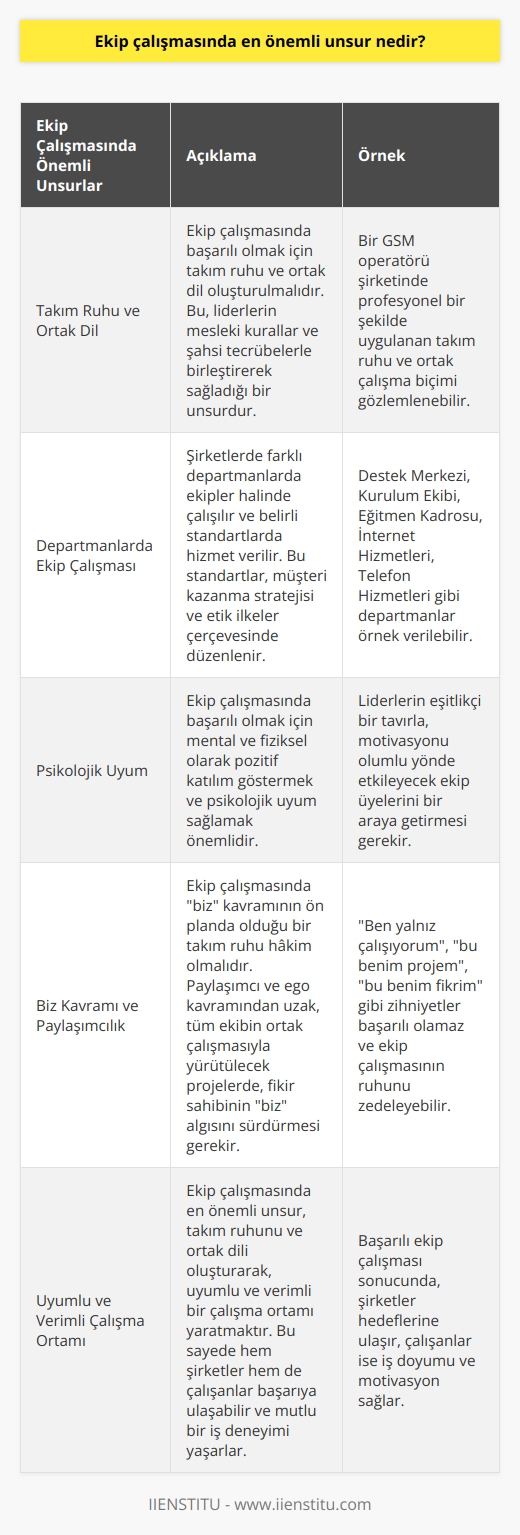 Ekip Çalışmasında Önemli Unsur: Takım Ruhu ve Ortak Dil  İş hayatında başarılı olmanın en önemli unsuru uyum ve mutluluktur. Özellikle çok çalışanlı kurumlarda, herkesin isteğine göre hareket etmek mümkün olmadığından, departmanlara ayrılır ve ekip çalışması önem kazanır. Bu durumda, ekip çalışmasında en önemli unsur takım ruhu ve ortak dilin oluşturulmasıdır.   Takım Ruhu ve Ortak Dil Oluşturma  Ekip çalışmasında takım ruhunun oluşturulmasında liderler büyük rol oynar. Liderler, çalışma planlarını hem mesleki kurallar hem de şahsi tecrübelerle birleştirerek ortak bir dil oluştururlar. Bu ortak dil, hizmet alan kitlenin güven duymasında etkin bir rol oynar. Örneğin, bir GSM operatörü şirketinde profesyonel bir şekilde uygulanan takım ruhu ve ortak çalışma biçimi gözlemlenebilir.  Departmanlarda Ekip Çalışması  Bir şirkette, Destek Merkezi, Kurulum Ekibi, Eğitmen Kadrosu, İnternet Hizmetleri, Telefon Hizmetleri gibi birçok departmanda ekipler halinde çalışılır ve belirli standartlarda hizmet verilir. Bu standartlar, hem müşteri kazanma stratejisi hem de ekip çalışmasında takım ruhunu destekleyici etik ilkeler çerçevesinde düzenlenir ve onaylanır.  Ekip Çalışması ve Psikolojik Uyum  Ekip çalışmasında başarılı olmak için, hem mental hem de fiziksel olarak pozitif katılım göstermek ve psikolojik uyum sağlamak oldukça önemlidir. Liderlerin eşitlikçi bir tavırla, motivasyonu olumlu yönde etkileyecek ekip üyelerini bir araya getirmesi gerekir.  Biz Kavramı ve Paylaşımcılık  Ekip çalışmasında, biz kavramının ön planda olduğu bir takım ruhu hâkim olmalıdır. Paylaşımcı ve ego kavramından uzak, tüm ekibin ortak çalışmasıyla yürütülecek projelerde, fikir sahibinin biz algısını sürdürmesi gerekir. Ben yalnız çalışıyorum, bu benim projem, bu benim fikrim gibi zihniyetler başarılı olamaz ve ekip çalışmasının ruhunu zedeleyebilir.  Sonuç olarak, ekip çalışmasında en önemli unsur, takım ruhunu ve ortak dili oluşturarak, uyumlu ve verimli bir çalışma ortamı yaratmaktır. Bu sayede hem şirketler hem de çalışanlar başarıya ulaşabilir ve mutlu bir iş deneyimi yaşarlar.
