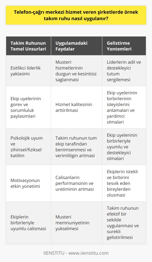 Telefon-çağrı merkezi hizmet veren şirketlerde, örnek takım ruhu uygulanması başarılı bir işleyişin temelini oluşturur. Takım ruhu; ekip üyelerinin işi bireysel olarak değil, bir ekip olarak gerçekleştirme anlayışına dayanır. Burada, takım liderlerinin eşitlikçi bir yaklaşım sergilemesi önemlidir. Bu tutum, müşteri hizmetlerinin düzgün ve kesintisiz bir şekilde sağlanmasına yardımcı olur.  Ekiplerin hizmet kalitesini yükseltebilmek için, işlerinin gerekliliklerini anlamaları ve bunlara göre hareket etmeleri gereklidir. Her bir ekip üyesi, kendi görevinin yanı sıra, diğer bölümlerin işleyişlerini de anlamalı ve bu şekilde birbirlerine yardımcı olabilmelidirler. Bu süreç, psikolojik uyumun yanı sıra zihinsel ve fiziksel katılımı da gerektirir. Bu sayede, takım ruhu tüm ekip tarafından benimsenir ve işleyiş daha verimli bir hale gelir.  Bir diğer önemli nokta ise motivasyondur. Motivasyon; çalışanların performansını ve üretimini artıran bir faktördür. Bu sebeple, ekip çalışmasının önemli bir parçası olan motivasyon, etkin bir şekilde yönetilmelidir. İş yerlerinde ekiplerin motivasyonu, istekli ve birbirini teşvik eden bireylerden oluşması ile olumlu yönde etkilenir. Bu da, takım ruhunun gelişmesinde büyük bir rol oynamaktadır.  Sonuç olarak, telefon-çağrı merkezi hizmet veren şirketlerde örnek takım ruhu, ekiplerin birbirleriyle uyum içinde çalışmalarını sağlar. Bu uyum, hizmet kalitesini artırır ve müşteri memnuniyetini yükseltir. Bu nedenle, takım ruhunun efektif bir şekilde uygulanması gerekmektedir.