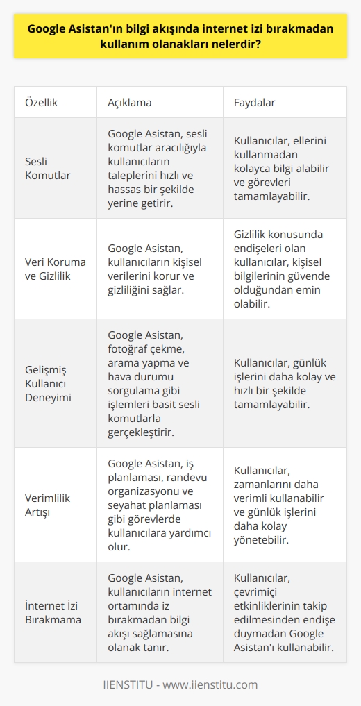 Google Asistanın İnternet İzi Bırakmadan Kullanımı  Google Asistan, gelişmiş teknolojisi sayesinde, kullanıcıların internet izi bırakmadan bilgi akışını sağlamasına olanak tanır. Sesli komutlar şeklinde verilen talimatlara hızlı ve hassas bir şekilde yanıt verme yeteneği, kullanıcıların karşılıklı etkileşimini kolaylaştırır. Verilerin korunmasını önemseyen kullanıcılar için, Google Asistan, veri paylaşımı ve toplama konusunda mükemmel bir seçenek olabilir.  Veri Koruması ve Giziliği  Google Asistan, kişisel verileri koruyarak ve gizliliğini sağlayarak kullanıcıların rahatlığını sağlar. Özellikle gizlilik hassasiyeti olan kullanıcılar, kendi bilgilerinin özel kalmasını sağlamak için bu özelliği kullanabilirler. Asistanın yetenekleri arasında, internet ortamında iz bırakmadan bilgi akışı sağlaması da yer alır.  Kullanıcı Deneyimini Geliştirme  Google Asistan’ın sunduğu başka bir özellik de kullanıcı deneyimini geliştirmektir. Basit sesli komutlarla, fotoğraf çekme, arama yapma, hava durumu sorgulama gibi işlemleri kolaylıkla yapabilirler. Stemler, yoğun programları nedeniyle elinde telefon olmayan kullanıcılar için kullanışlıdır.  İşlevsellik ve Verimlilik  Google Asistanın kullanıcılarına sunduğu bir diğer önemli avantaj da işlevsellik ve verimlilik konusunda iyileştirmelerdir. Kullanıcıların sürekli olarak kullanabilecekleri bir uygulama olan Google Asistan, iş planlaması, randevu organizasyonu veya seyahat planı gibi günlük işlerin yerine getirilmesine yardımcı olabilir. Bu da Google Asistanı son derece kullanışlı ve verimli bir araç haline getirir.   Sonuç olarak; Google Asistan, bilgi akışında internet izi bırakmadan, kullanıcılarına sunduğu birçok olanağın yanı sıra, kullanıcı deneyimini genişletme, veri koruması ve gizlilik sağlama ve işlevsellik ve verimlilik ile de dikkat çekiyor. Google Asistanın bu çok yönlü yetenekleri, onu son derece değerli bir araç haline getirir ve kullanıcılarının hayatını kolaylaştırır.