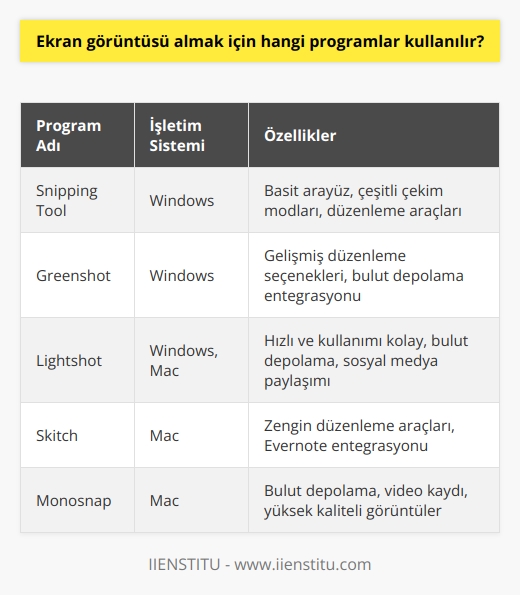 Windows için Ekran Görüntüsü almak için Snipping Tool, Greenshot, Lightshot, FastStone Capture, PicPick, CaptureWizPro, Screenshot Captor, Screenshoter ve Screenpresso gibi birçok program kullanılabilir. Mac için ise Ekran Görüntüsü almak için Grab, Skitch, Lightshot, Capto, Monosnap, Tailor, Capto ve CloudApp gibi programlar kullanılabilir.