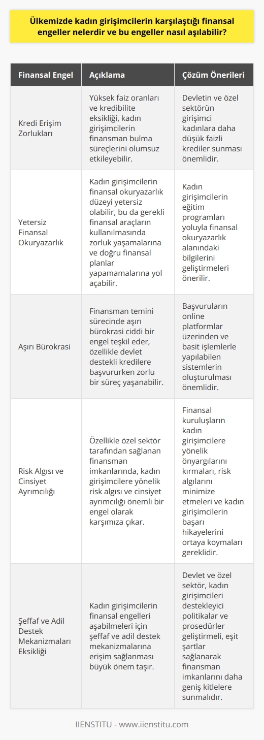 Kredi Erişim Zorlukları  Türkiyede kadın girişimcilerin başlangıç ve gelişme dönemlerinde karşılaştığı en önemli finansal engellerden biri, kredi erişiminde yaşanan zorluklardır. Yüksek faiz oranları ve kredibilite eksikliği, kadın girişimcilerin finansman bulma süreçlerini olumsuz etkileyebilir. Bu sorunu aşmak için, devletin ve özel sektörün girişimci kadınlara daha düşük faizli krediler sunması önemlidir.  Yetersiz     Bunun yanı sıra, kadın girişimcilerin  düzeyi yetersiz olabilir. Bu durum, gerekli finansal araçların kullanılmasında zorluk yaşamanıza ve doğru finansal planlar yapamamanıza yol açabilir.  önemli bir sorun olduğu için, kadın girişimcilerin eğitim programları yoluyla bu alandaki bilgilerini geliştirmeleri önerilir.  Aşırı     Finansman temini sürecinde aşırı  de ciddi bir engel teşkil eder. Özellikle devlet destekli kredilere başvururken zorlu bir süreç yaşanabilir. Aşırı den kaynaklanan zorlukların önüne geçmek için, başvuruları online platformlar üzerinden ve basit işlemlerle yapılabilen sistemlerin oluşturulması önemlidir.  Risk Algısı ve Cinsiyet Ayrımcılığı  Özellikle özel sektör tarafından sağlanan finansman imkanlarında, kadın girişimcilere yönelik risk algısı ve cinsiyet ayrımcılığı da önemli bir engel olarak karşımıza çıkar. Bu durumu aşmak adına, hem finansal kuruluşların kadın girişimcilere yönelik önyargılarını kırmaları ve risk algılarını minimize etmeleri, hem de kadın girişimcilerin başarı hikâyelerini ortaya koymaları gereklidir.  Şeffaf ve Adil Destek Mekanizmaları  Son olarak, kadın girişimcilerin finansal engelleri aşabilmeleri için şeffaf ve adil destek mekanizmalarına erişim sağlanması büyük önem taşır. Devlet ve özel sektör, kadın girişimcileri destekleyici politikalar ve prosedürler geliştirmeli ve eşit şartlar sağlanarak finansman imkanlarını daha geniş kitlelere sunmalıdır.