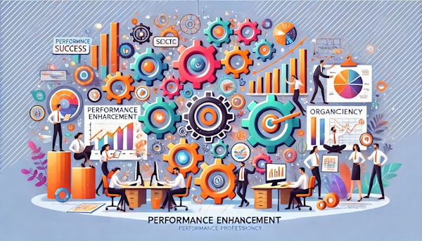A cartoon style image. The image shows an office environment drawn in an animated style with vibrant colors. Employees work collaboratively with graphics and gears. Collaboration and strong organizational functions are emphasized in this scene, representing organizational success and efficiency. The cartoon style scene has a cheerful and professional tone.